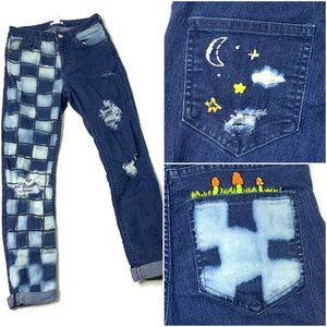 H&M Mushroom Embroidered Bleached Customized Jeans Skinny Leg Distressed Ripped